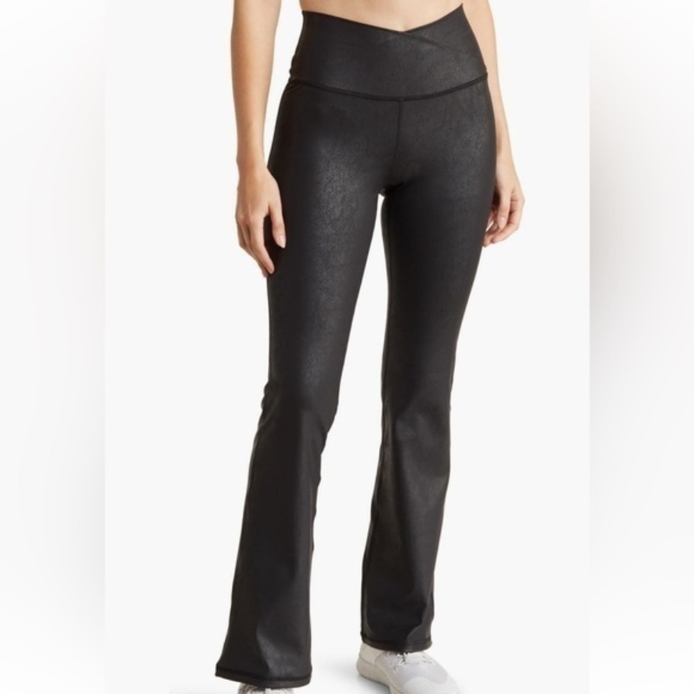::SALE::90 DEGREE BY REFLEX Lux Cracked Faux Leather Black Flare Leggings NWT::
